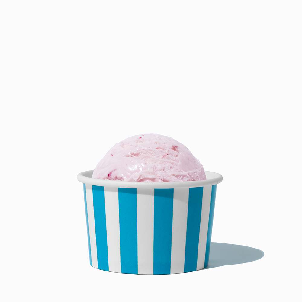 4 oz Blue Striped ice cream cup shown with a fresh scoop of dessert for party catering