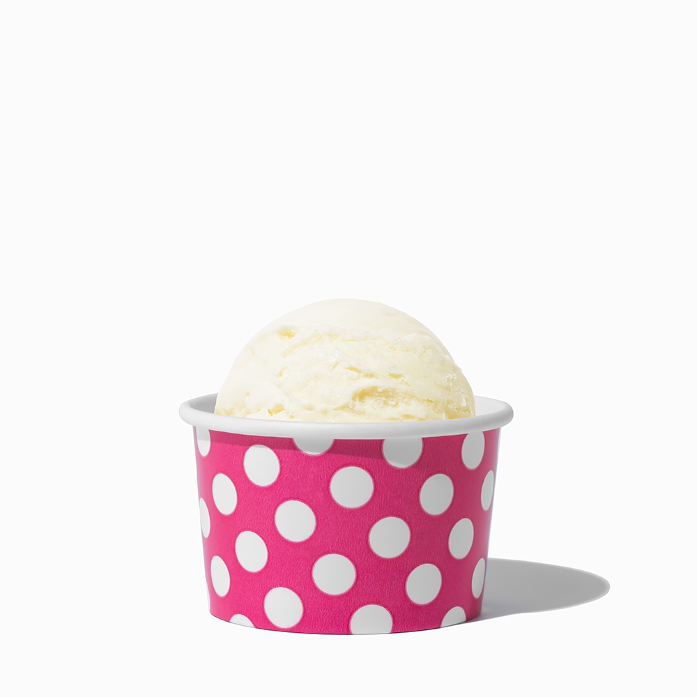 4 oz Pink Polka Dot ice cream cup shown with a fresh scoop of dessert for party catering