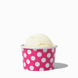 4 oz Pink Polka Dot ice cream cup shown with a fresh scoop of dessert for party catering