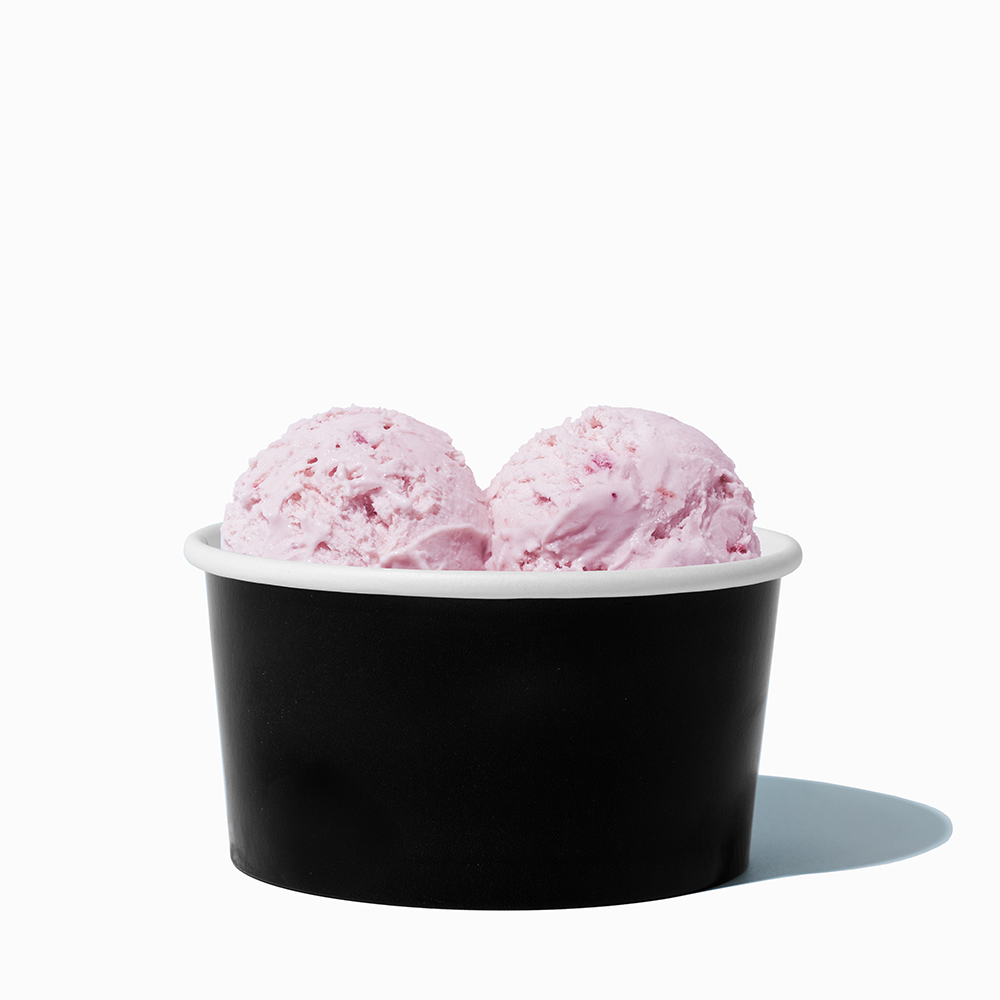 6 oz Black paper ice cream bowl filled with a scoop of ice cream
