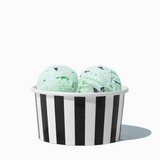 6 oz Black Striped paper ice cream bowl filled with a scoop of ice cream