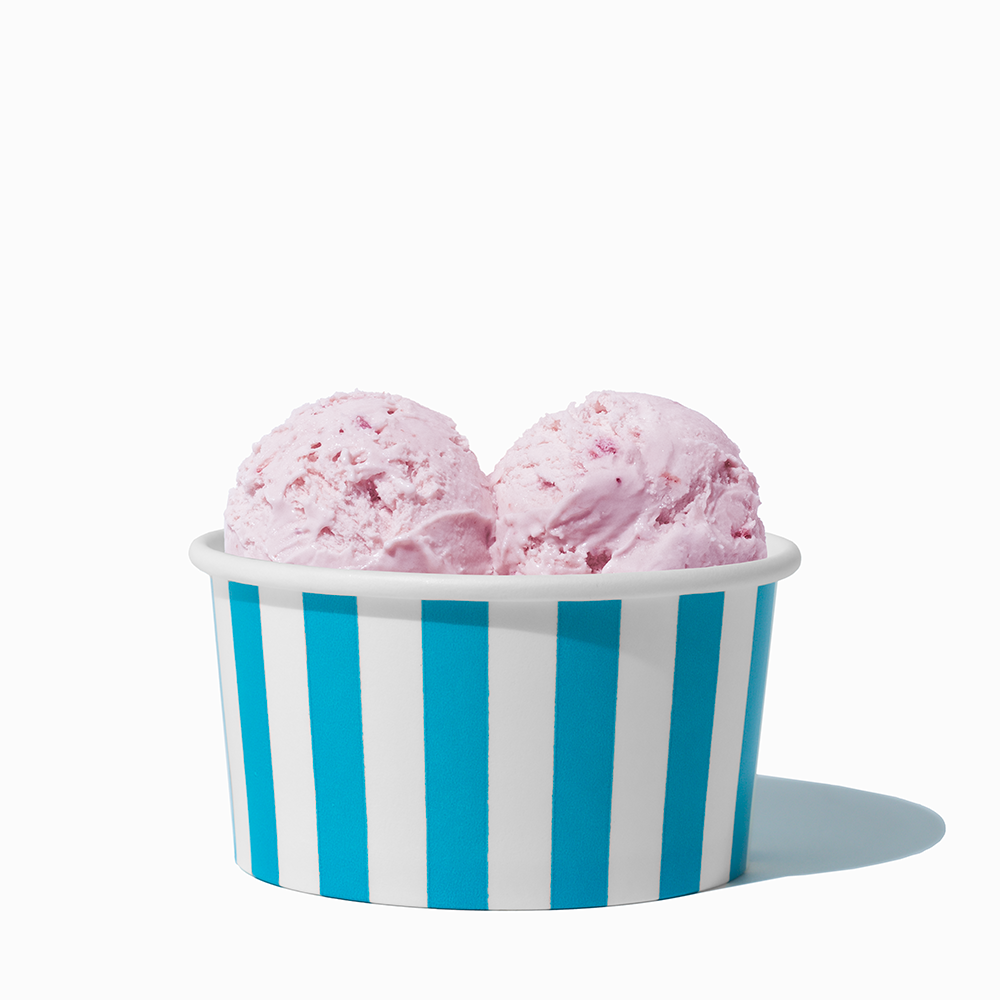 6 oz Blue Striped paper ice cream bowl filled with a scoop of ice cream