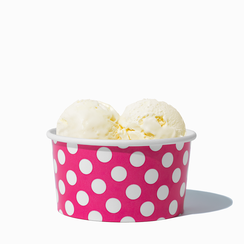 6 oz Pink Polka Dot paper ice cream bowl filled with a scoop of ice cream