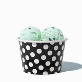 8 oz Black Polka Dot bulk ice cream container filled with two scoops of cold treats