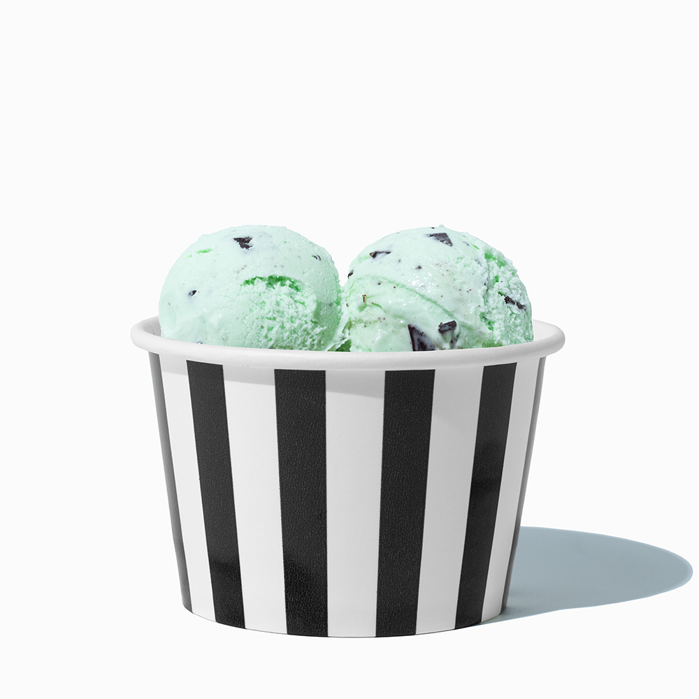 8 oz Black Striped bulk ice cream container filled with two scoops of cold treats
