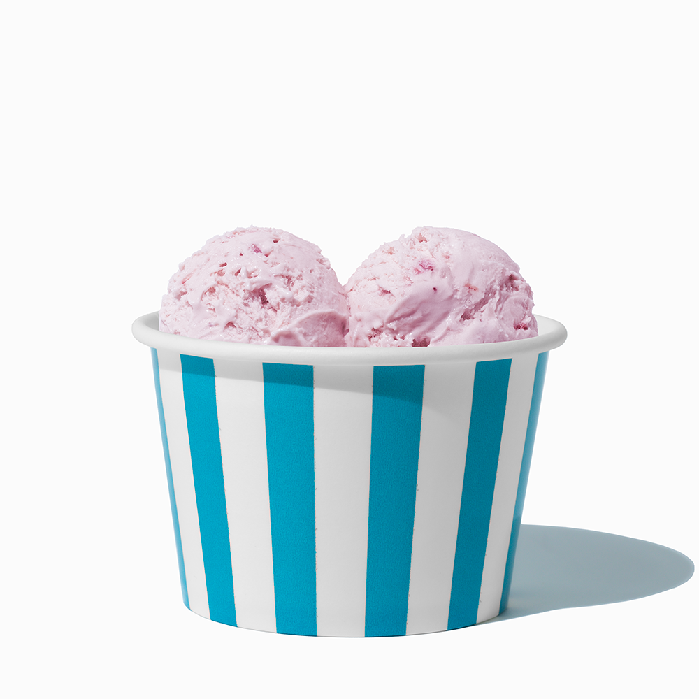 8 oz Blue Striped bulk ice cream container filled with two scoops of cold treats