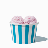 8 oz Blue Striped bulk ice cream container filled with two scoops of cold treats