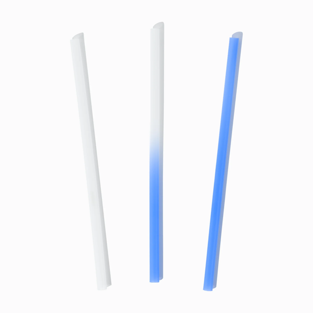 White to blue color-changing commercial plastic straws reacting to cold beverages.