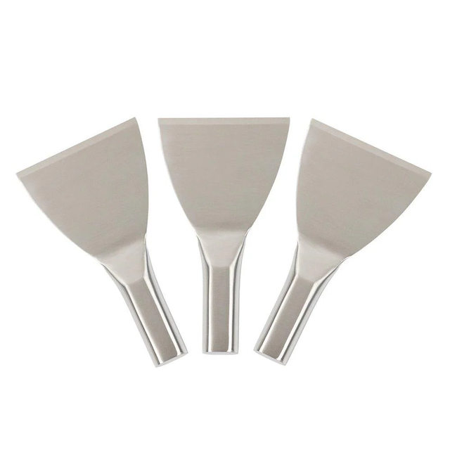 Heavy-duty stainless steel scraper and chopper for rolled ice cream and cold plates.